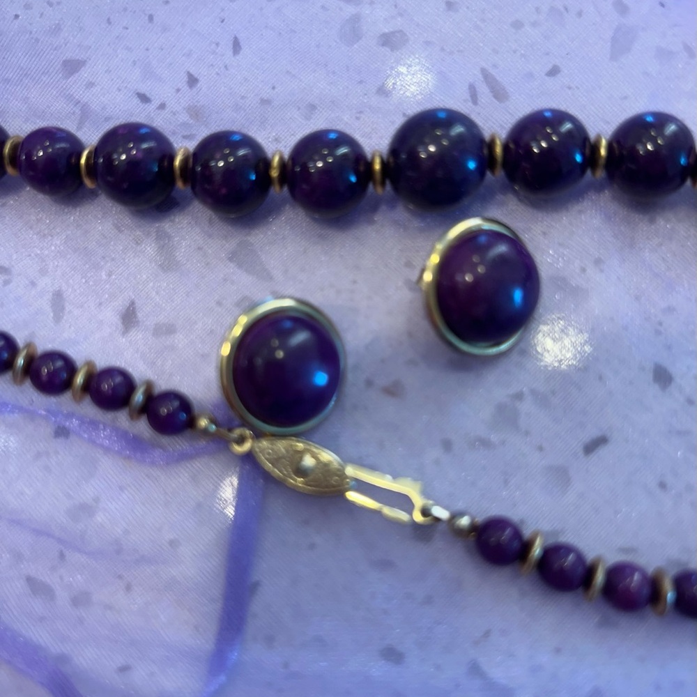 Vintage Necklace and Earrings Set Purple/Gold Beads